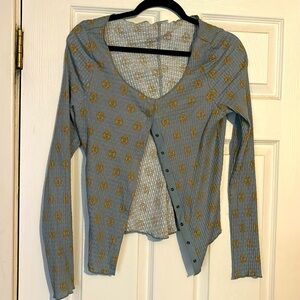 Free People large stretchy snap front printed top thermal cardigan L